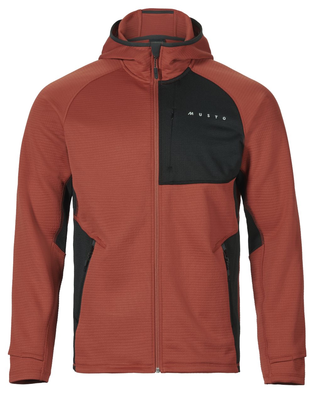 Rust coloured Musto Mens Evo Thermal Hooded Technical Fleece Jacket on white background 