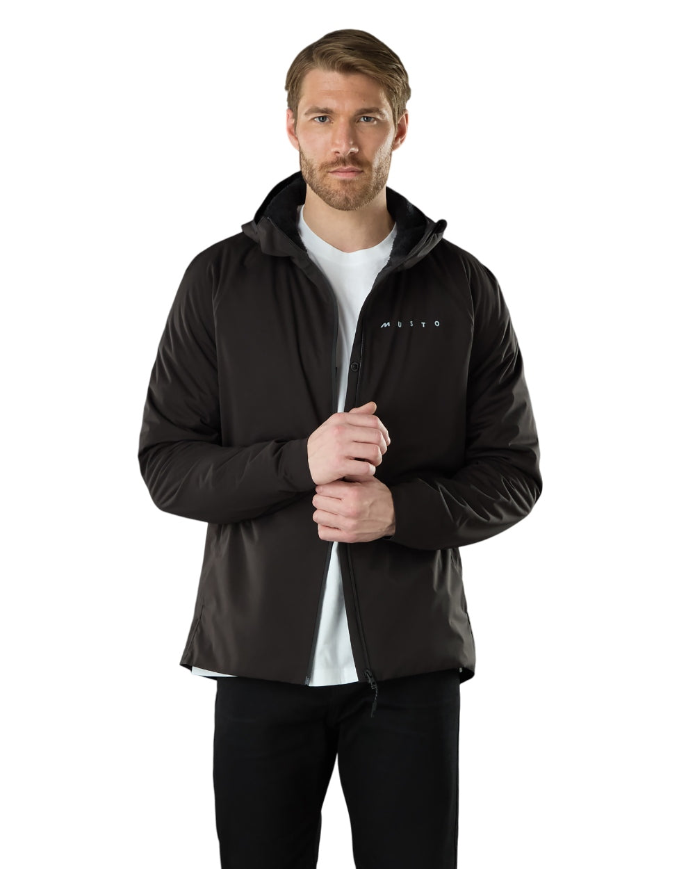Black Coloured Musto Mens Evo Thermal Primaloft Waterproof Jacket on white background 