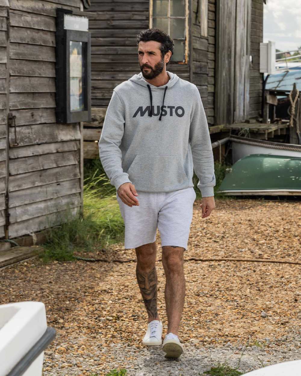 Grey Melange coloured Musto Mens Logo Hoodie on white background 