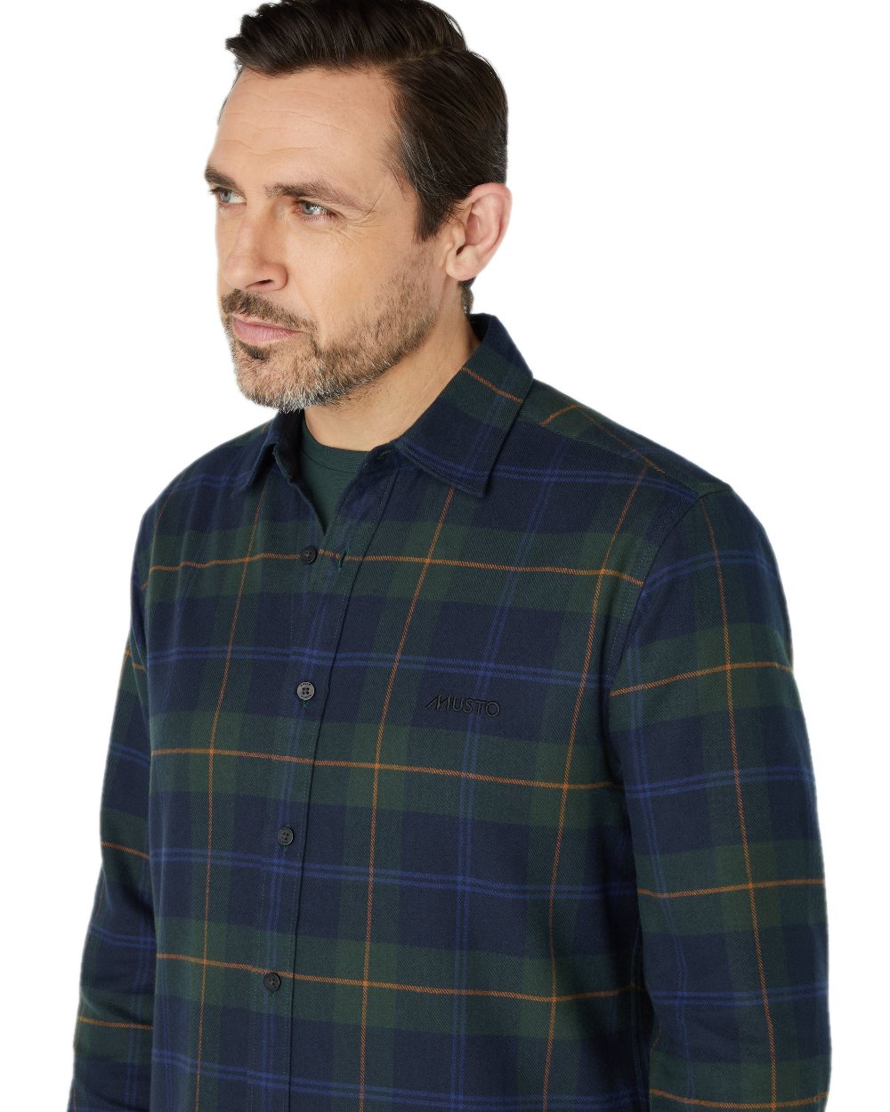 Darkest Spruce Coloured Musto Mens Long Sleeve Plaid Shirts on white background 