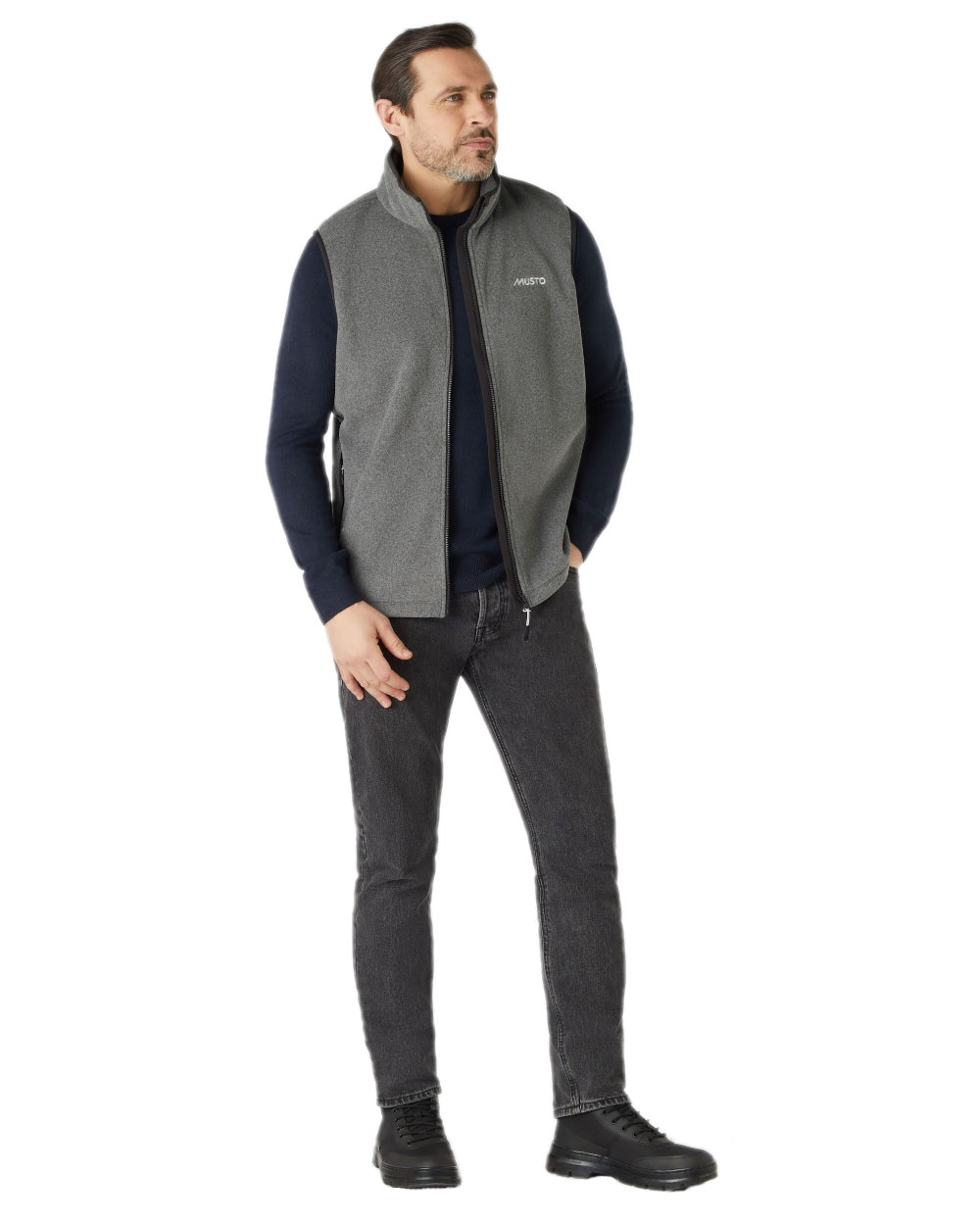 Dark Grey Marl Coloured Musto Mens Nautic Polartec Fleece Vest on white background 