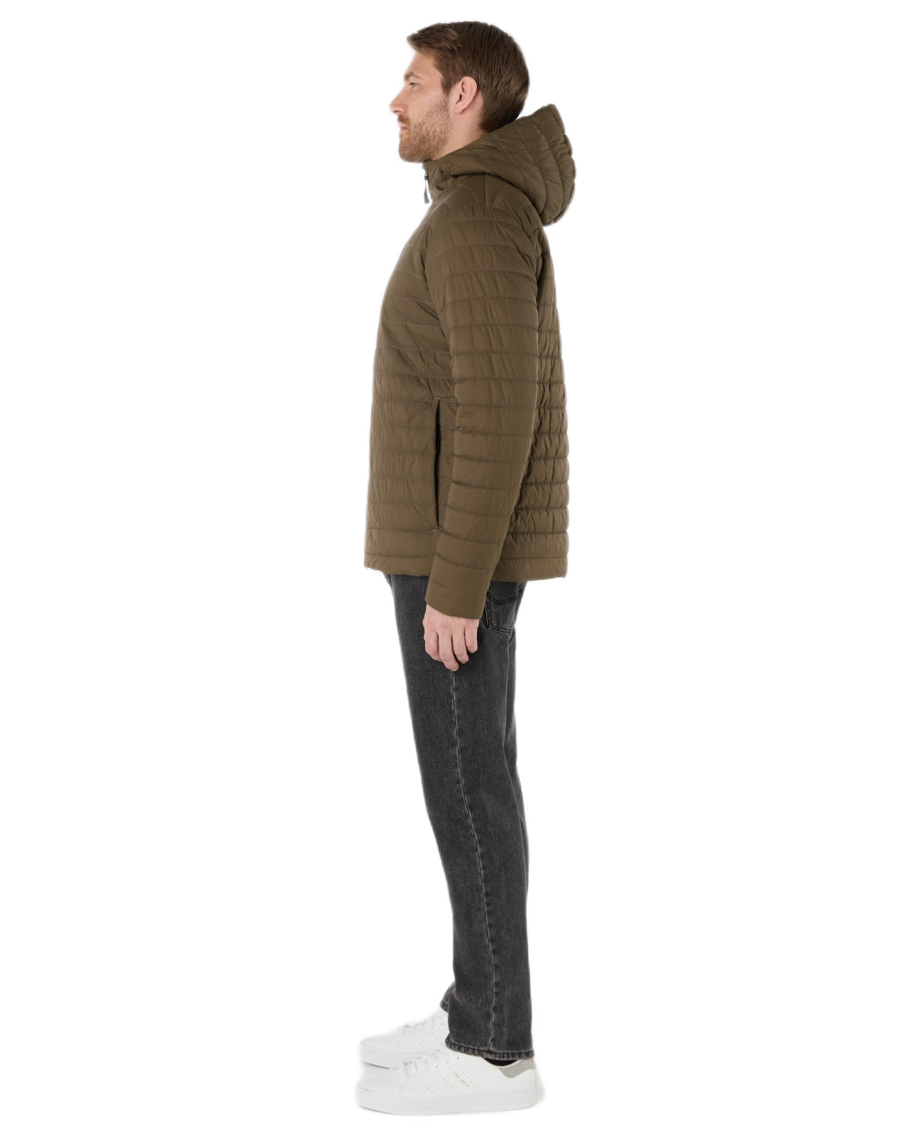 Crocodile Coloured Musto Mens Original Lite Hooded Puffer Jacket on white background 