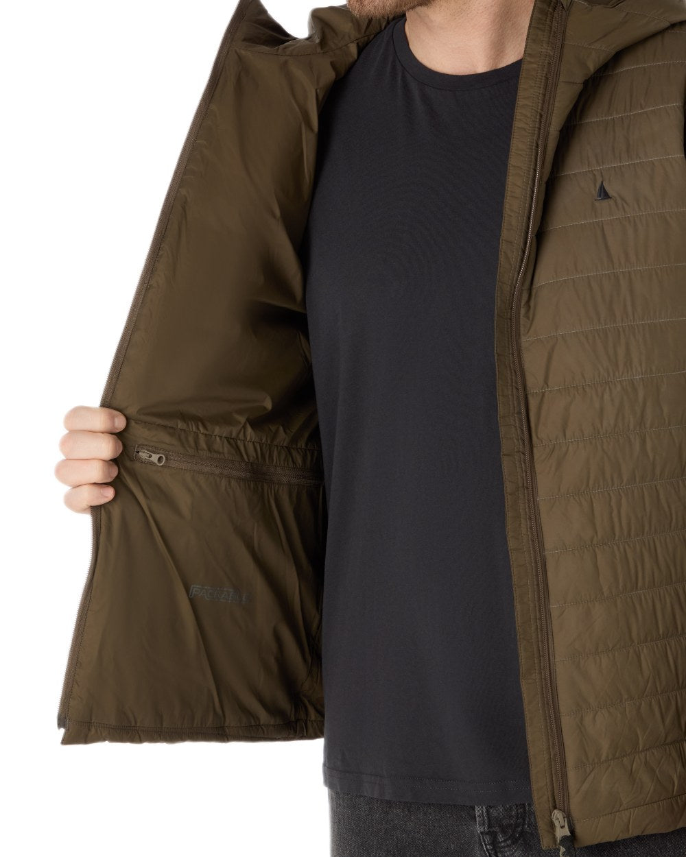 Crocodile Coloured Musto Mens Original Lite Hooded Puffer Jacket on white background 