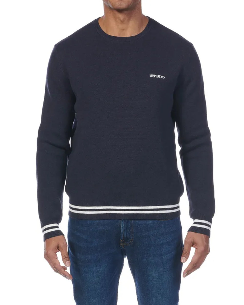 Navy coloured Musto Mens Salcombe Crew Knit on white background 