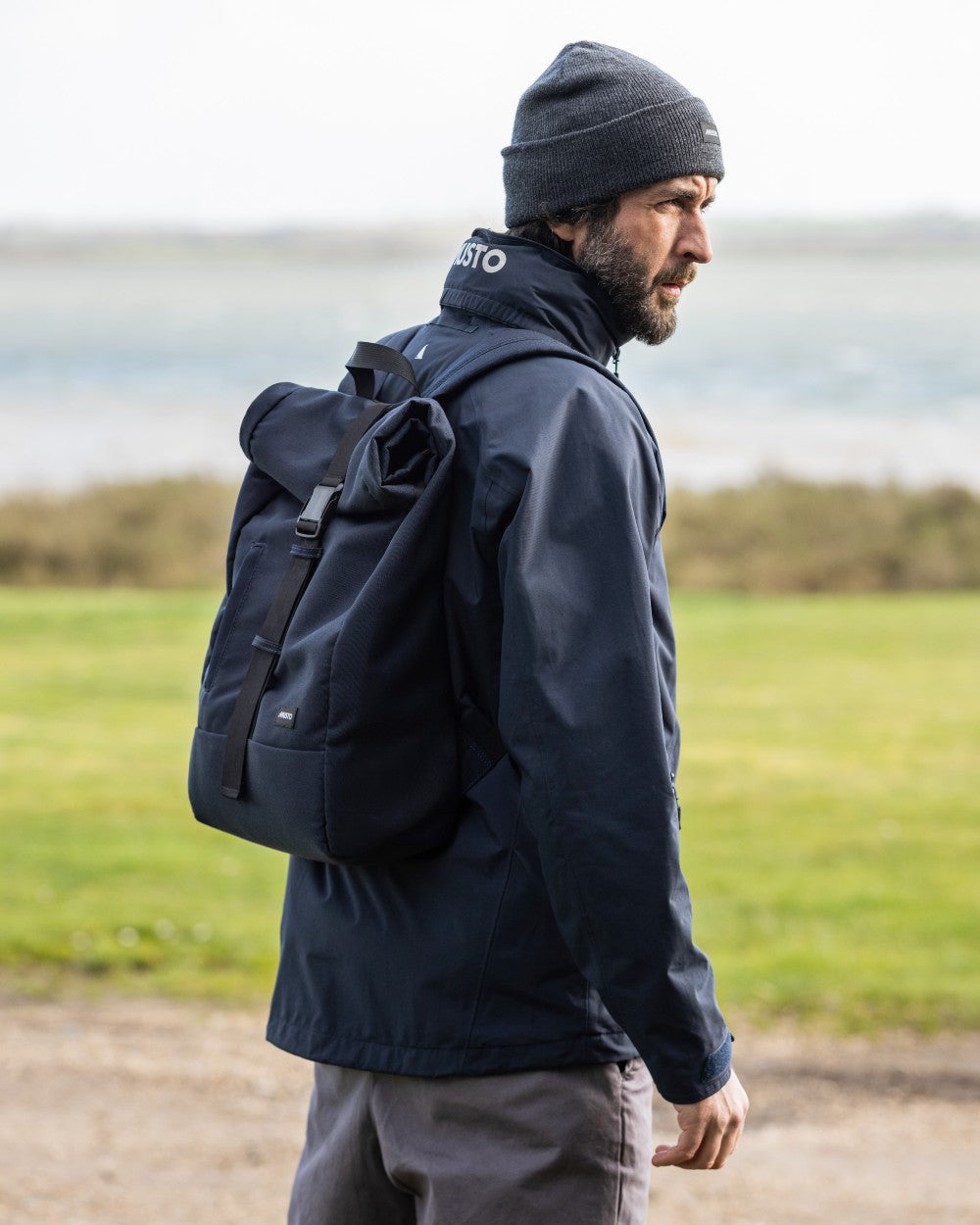Ombre Blue Musto Shaker Cuff Beanie on blurry background 