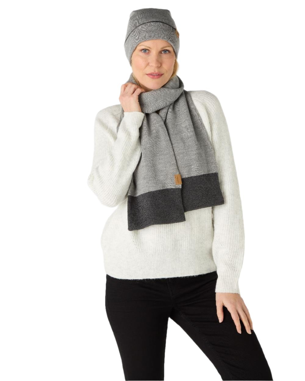 Grey Melange Coloured Musto Tipped Beanie &amp; Scarf Gift Set on white background 