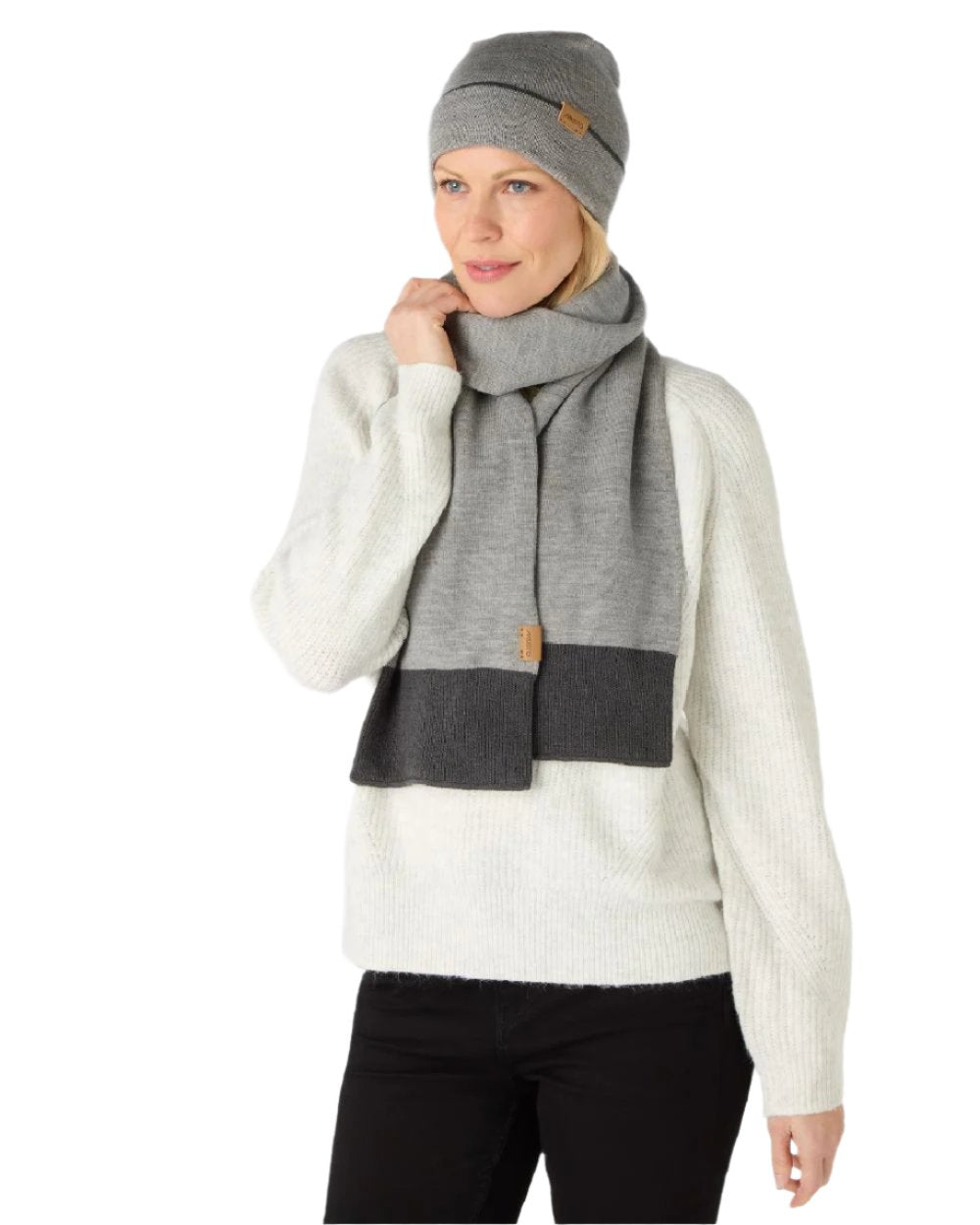 Grey Melange Coloured Musto Tipped Beanie &amp; Scarf Gift Set on white background 