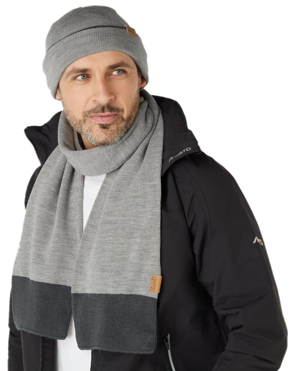 Grey Melange Coloured Musto Tipped Beanie &amp; Scarf Gift Set on white background 