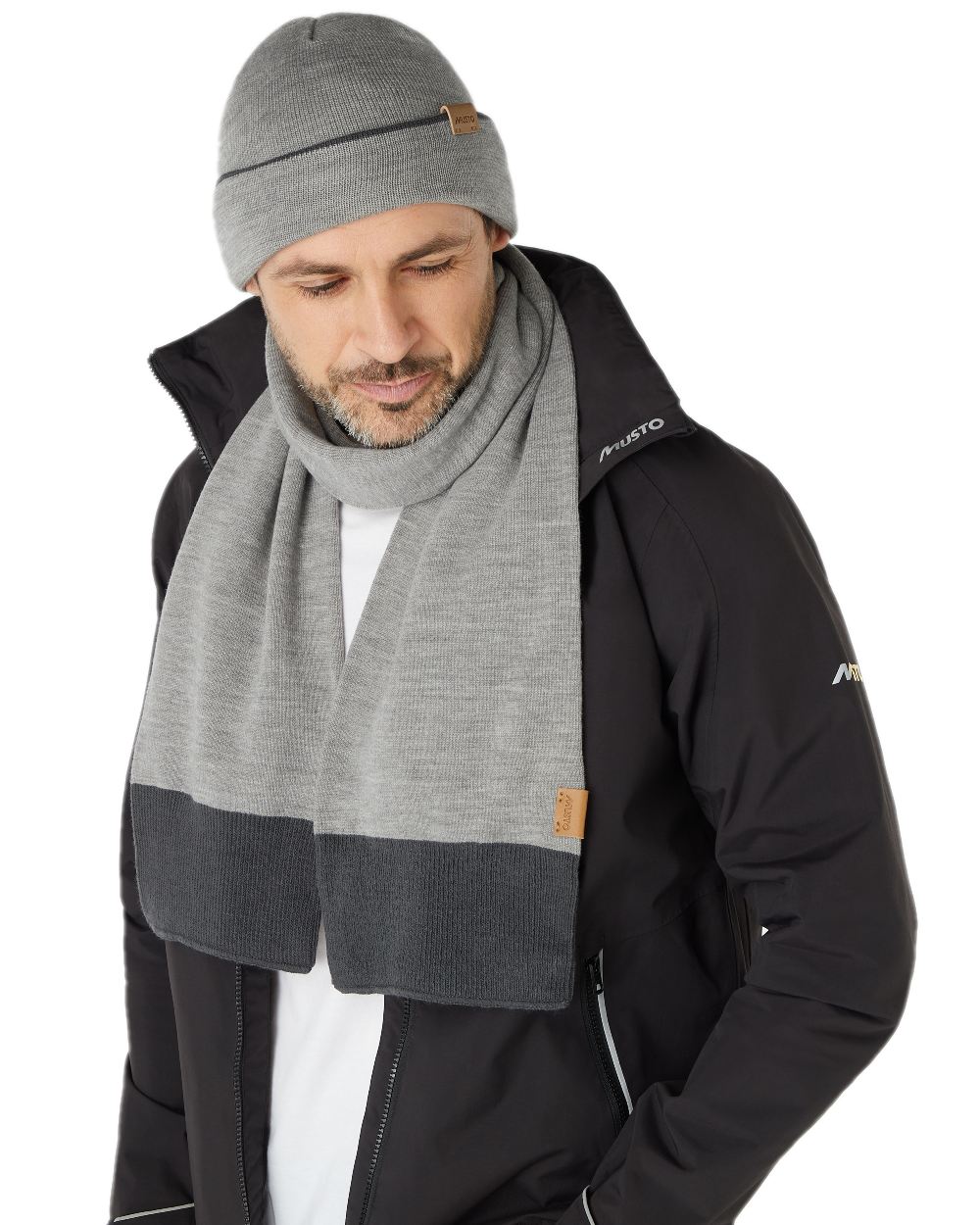 Grey Melange Coloured Musto Tipped Beanie &amp; Scarf Gift Set on white background 