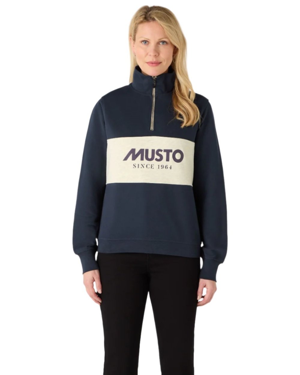 Navy Oat Coloured Musto Womens Classic Half Zip Sweatshirt On A White Background 