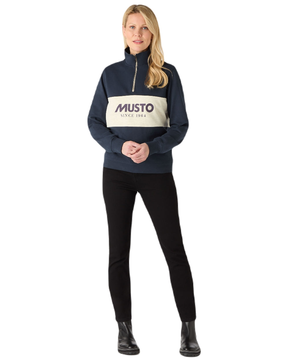 Navy Oat Coloured Musto Womens Classic Half Zip Sweatshirt On A White Background 