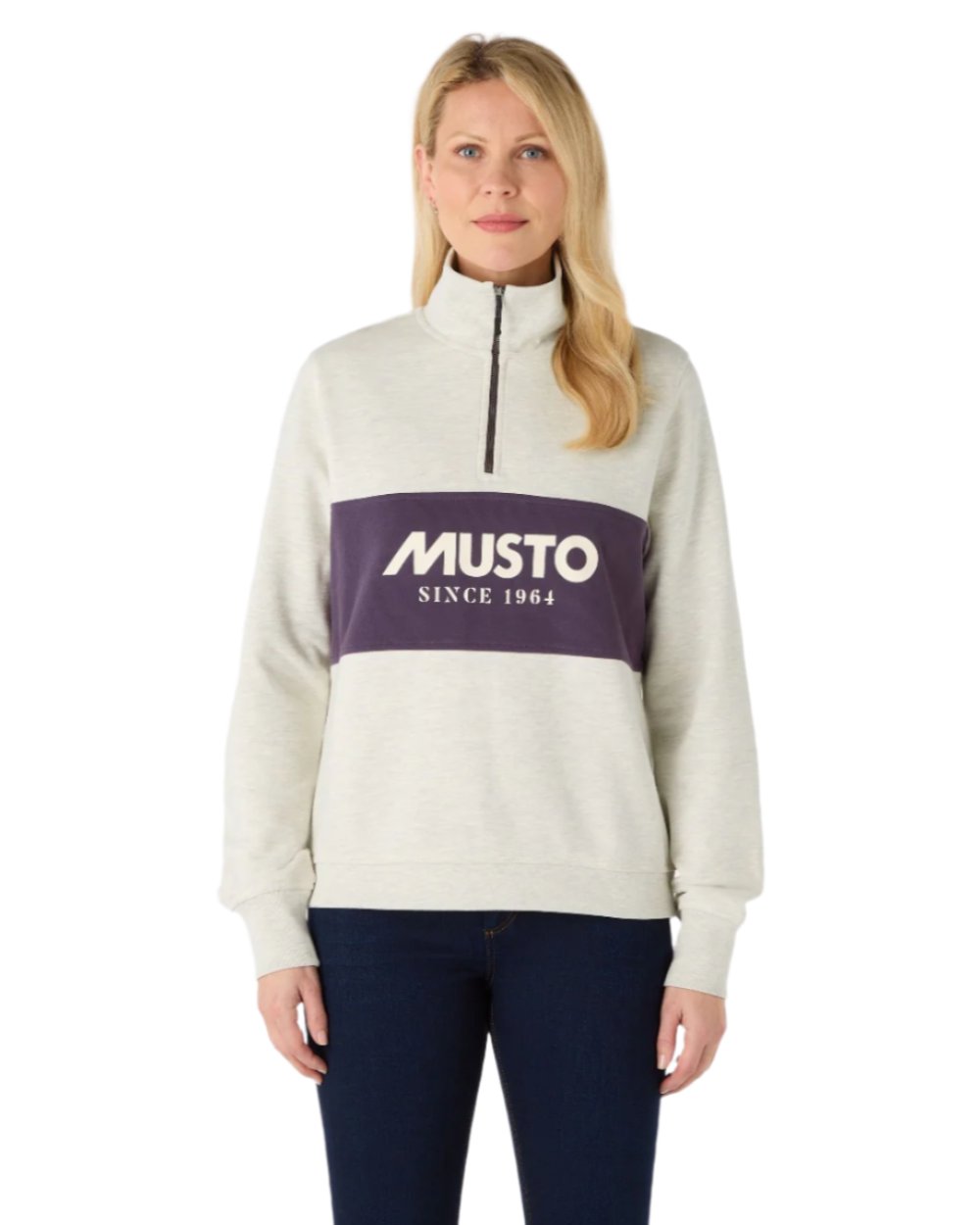 Oat Marl Coloured Musto Womens Classic Half Zip Sweatshirt On A White Background 
