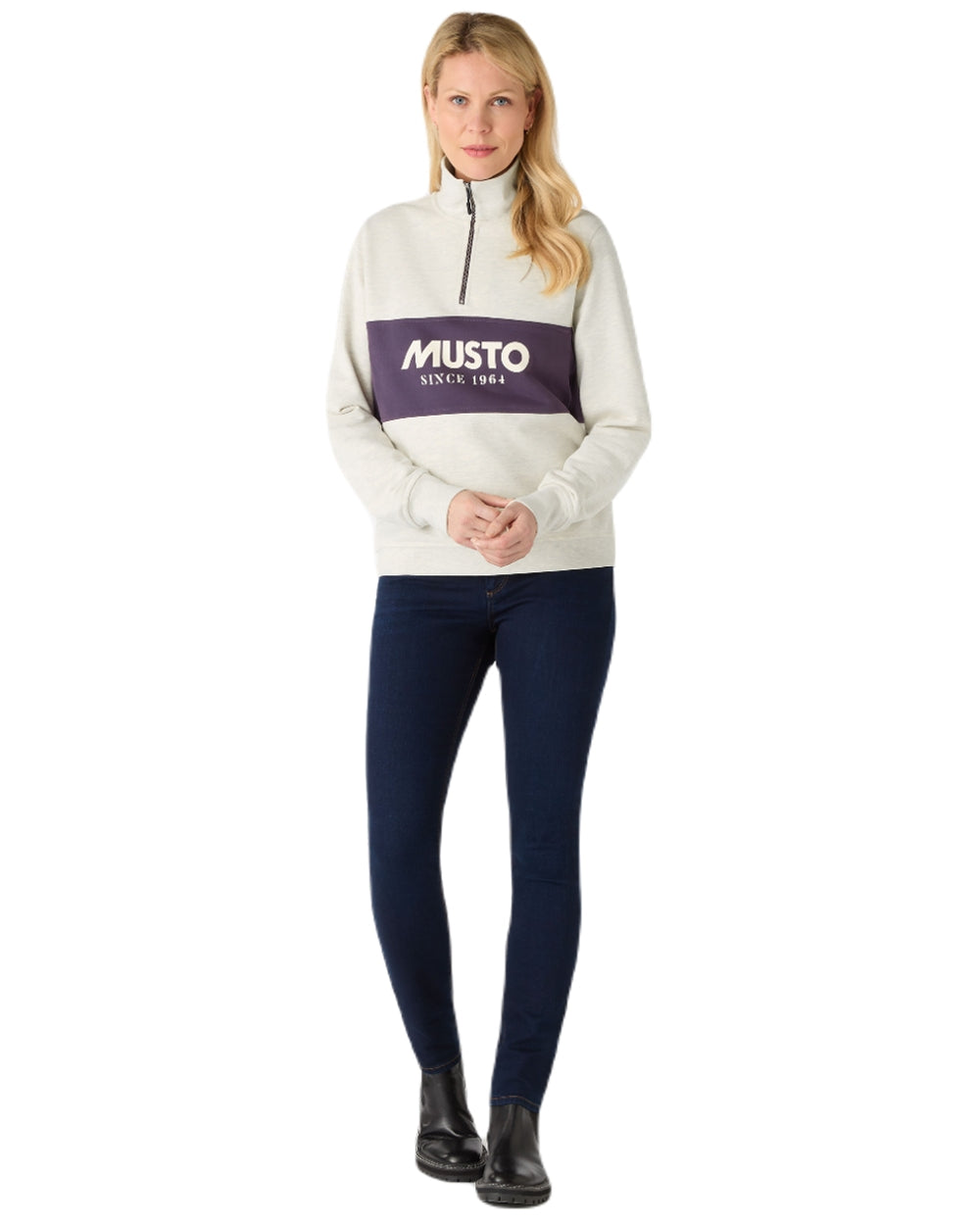Oat Marl Coloured Musto Womens Classic Half Zip Sweatshirt On A White Background 