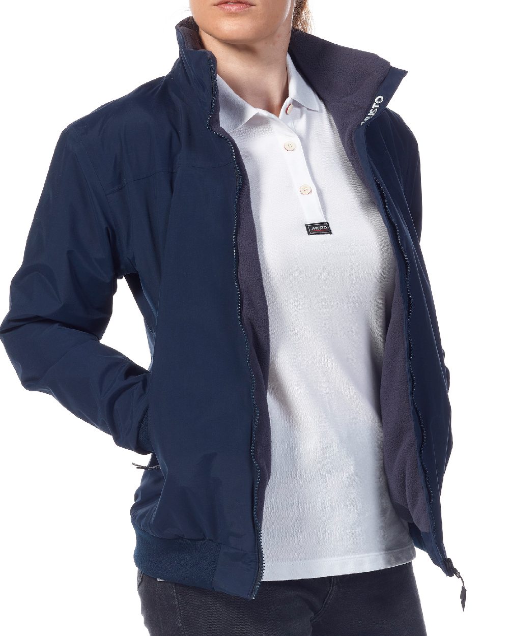 Navy/Carbon coloured Musto Womens Snug Blouson Jacket on White background 