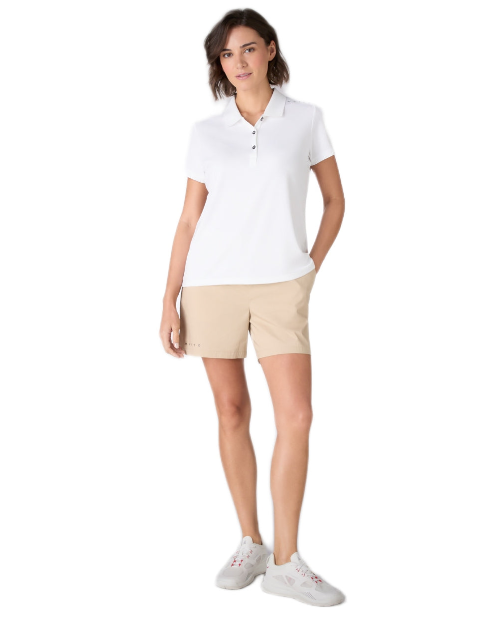 Beige coloured Musto Womens Evo Fast Dry Shorts on white background 