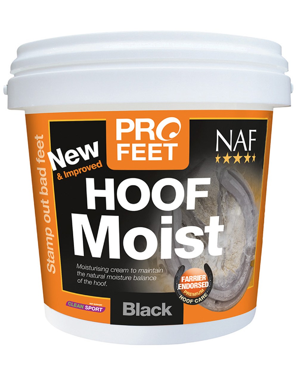 Black coloured NAF Five Star Profeet Hoof Moist on white background 