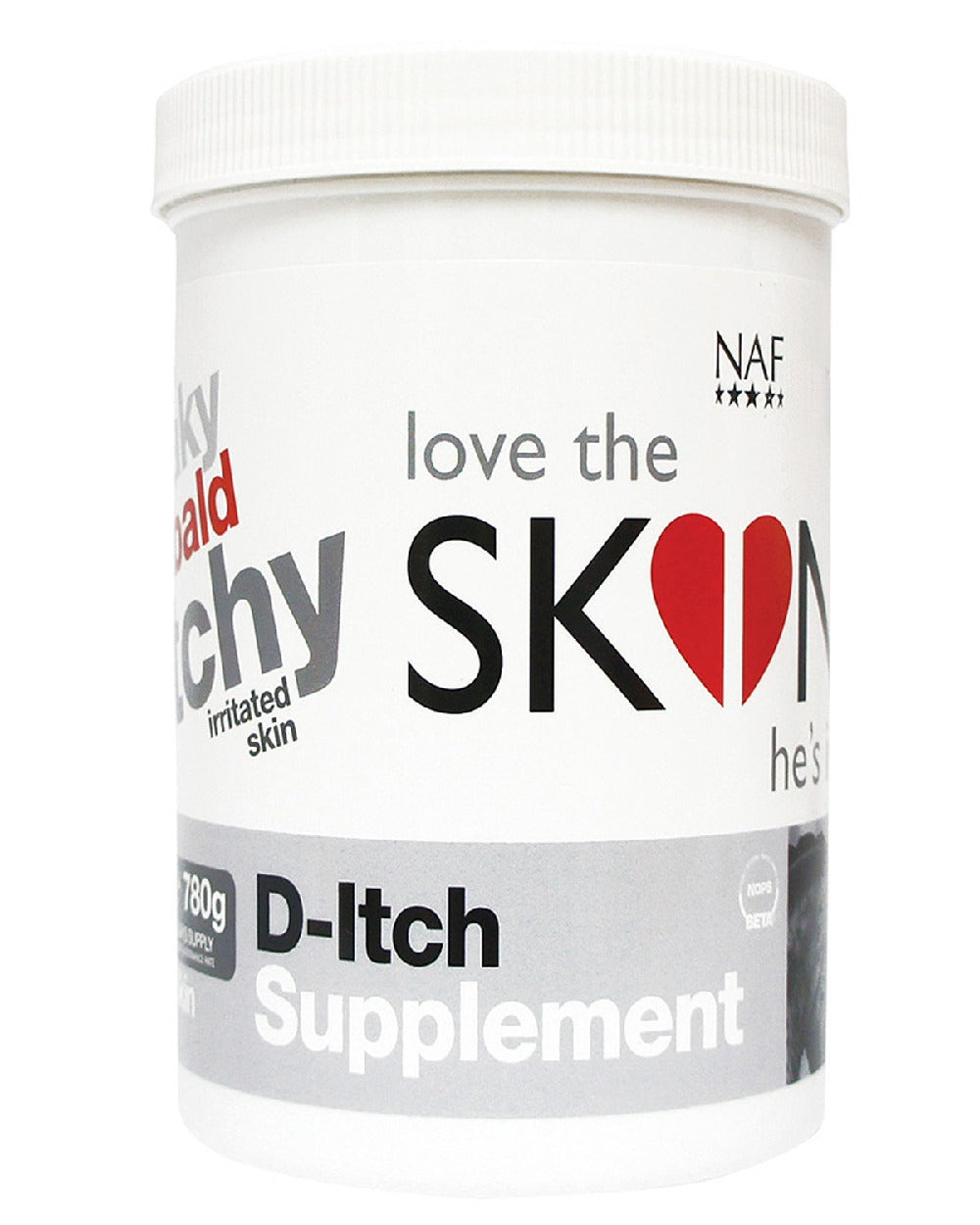 NAF Love The Skin Hes In D-Itch Supplement 780g on white background