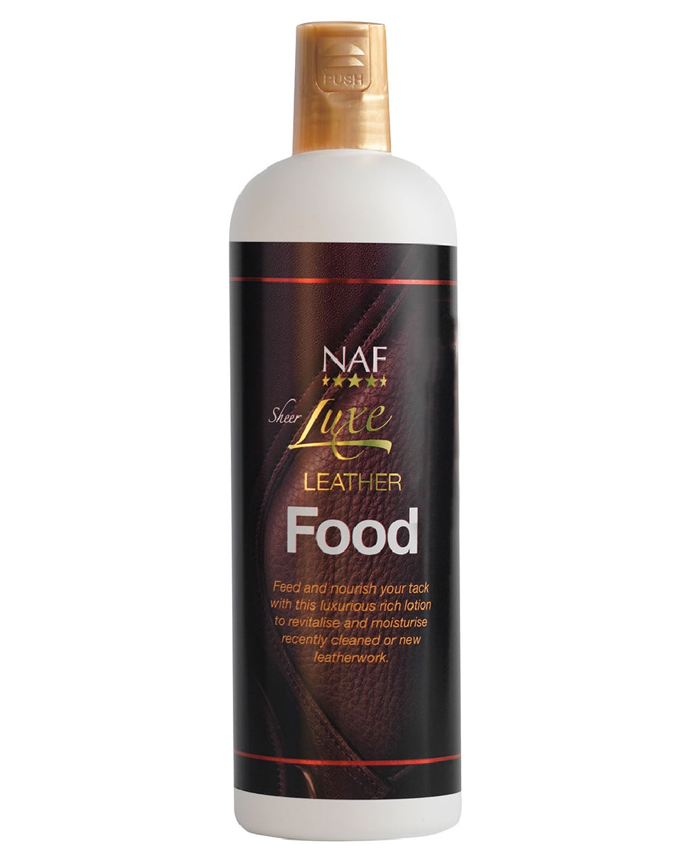 NAF Sheer Luxe Leather Food 500ml on white background