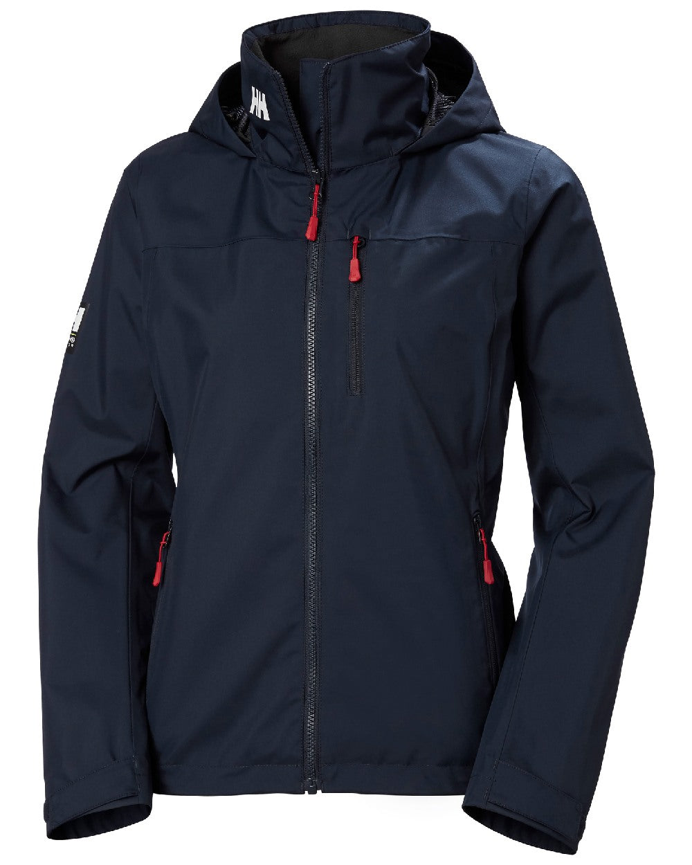 Navy coloured Helly Hansen womens crew hooded sailing jacket 2.0 on white background 