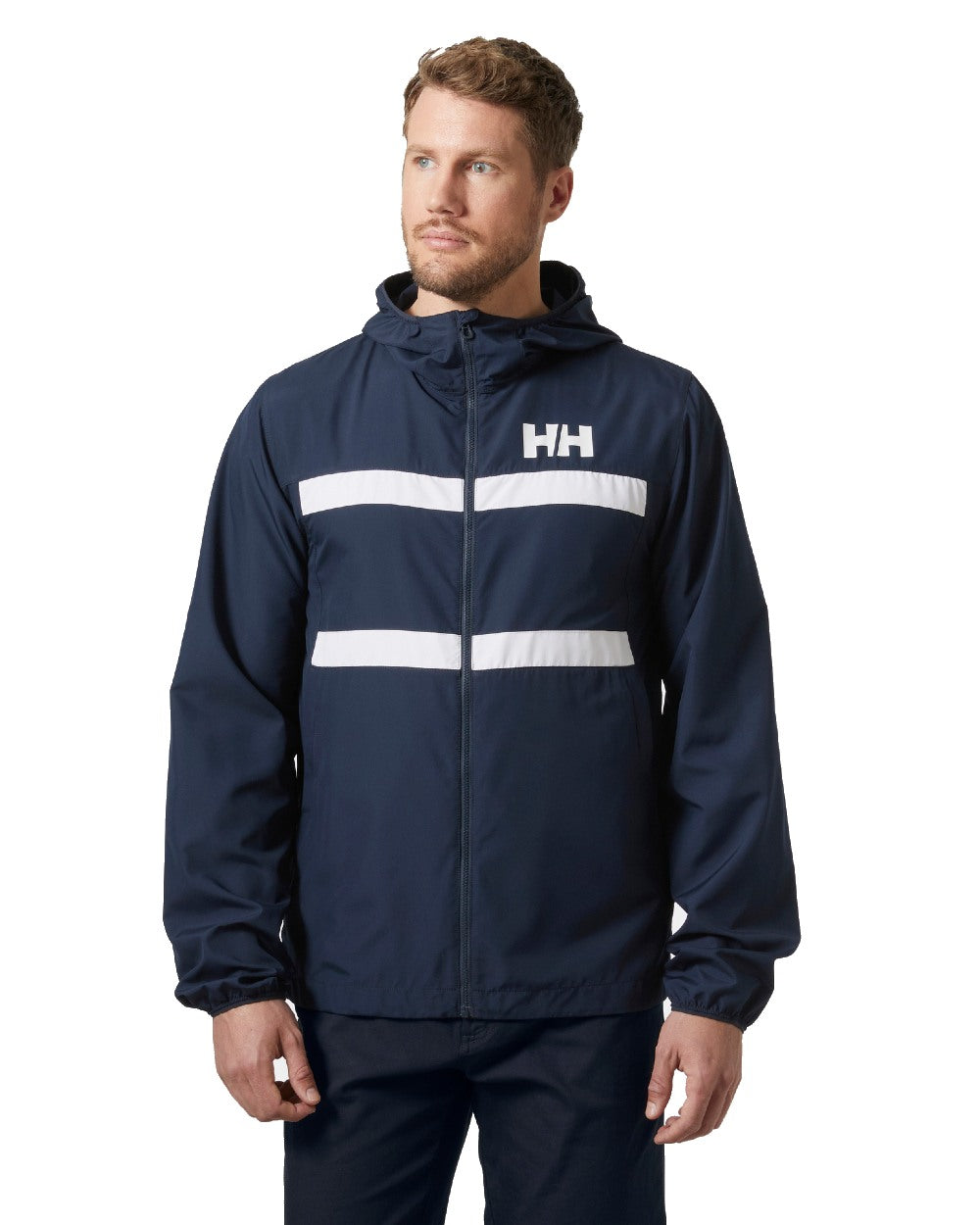 Navy coloured Helly Hansen Mens Salt Striped Windbreaker Jacket on white background 