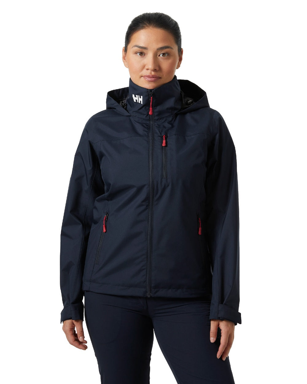 Navy coloured Helly Hansen womens crew hooded sailing jacket 2.0 on white background 