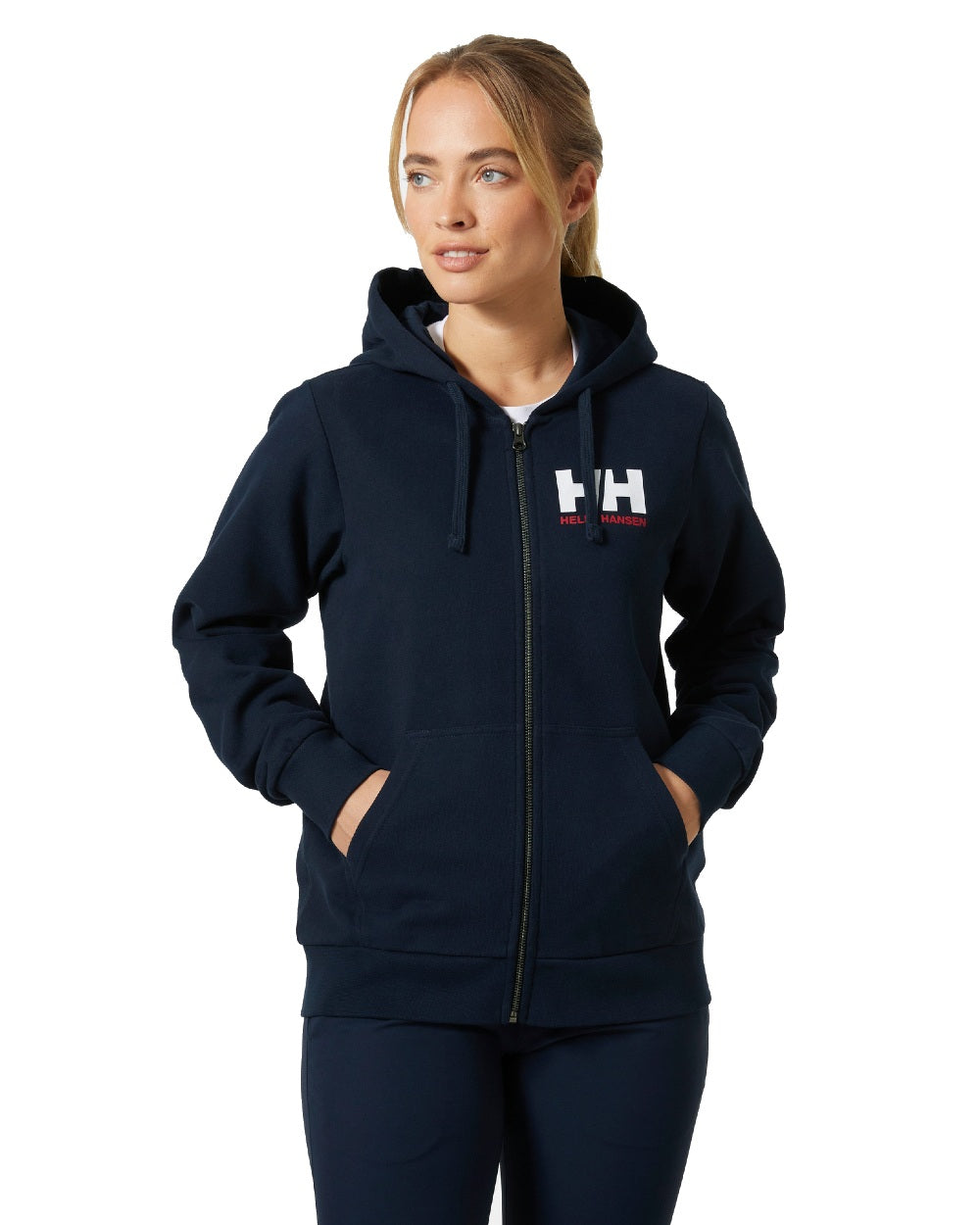 Navy Coloured Helly Hansen Womens HH Logo Full Zip Hoodie on a white background 