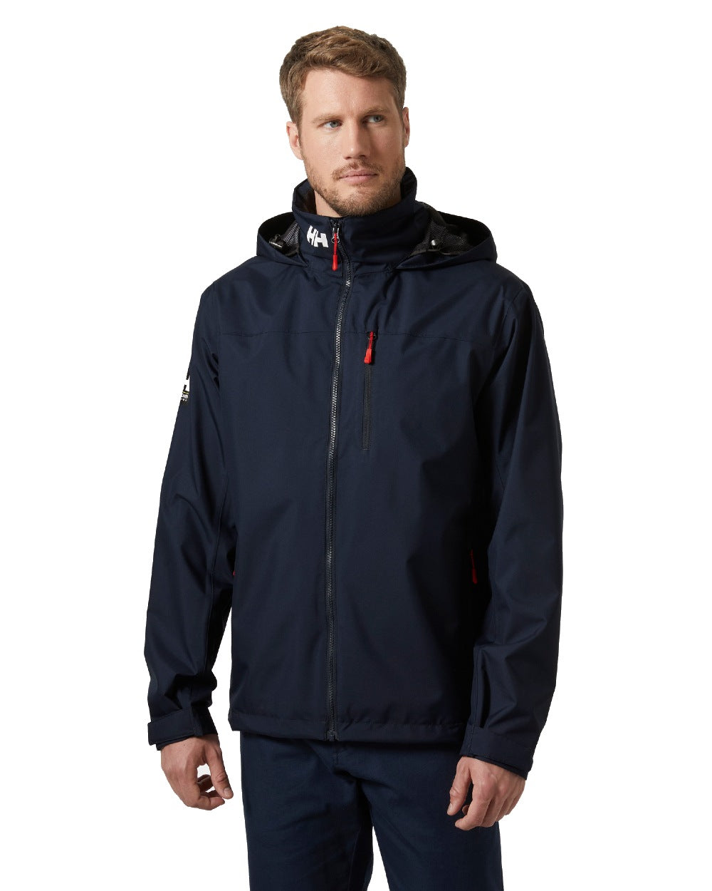 Navy coloured Helly Hansen Mens Crew Hooded Jacket 2.0 on grey background 
