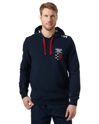 Navy coloured Helly Hansen American Magic Cotton Hoodie on white background 