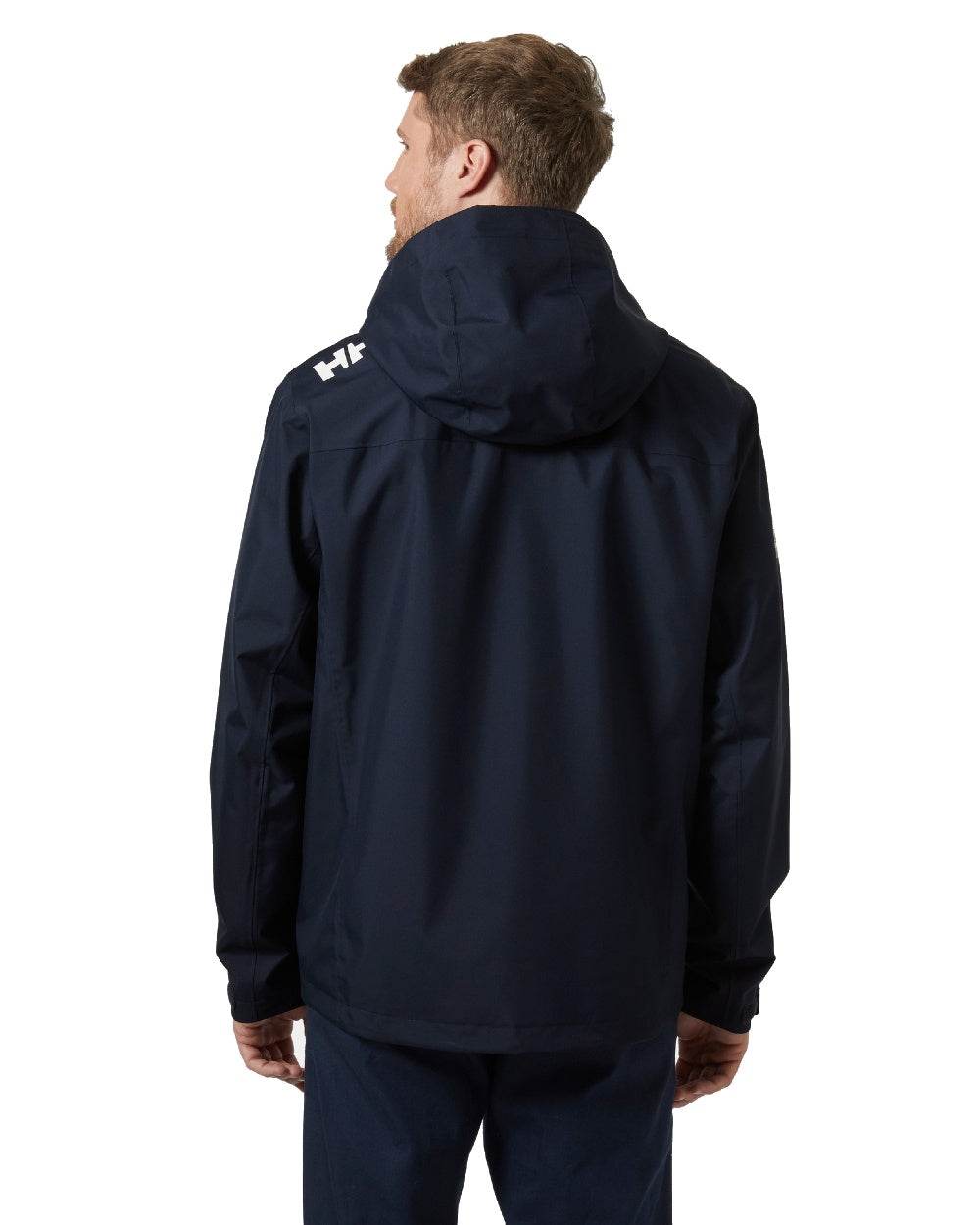 Navy coloured Helly Hansen Mens Crew Hooded Jacket 2.0 on grey background 