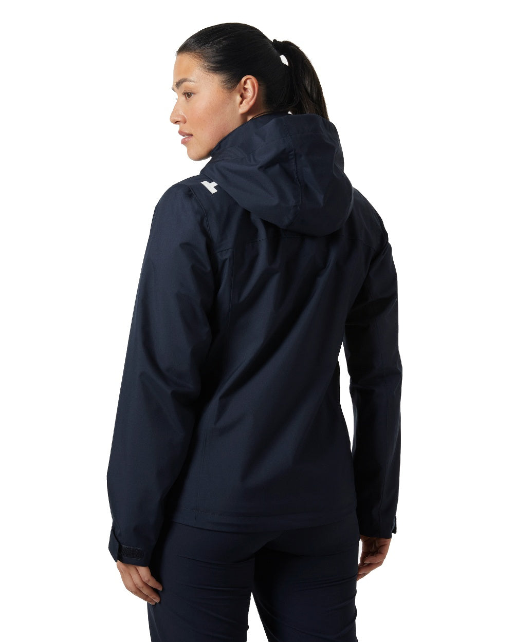 Navy coloured Helly Hansen womens crew hooded sailing jacket 2.0 on white background 