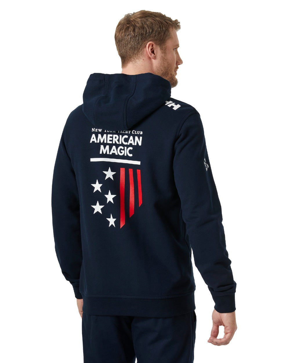 Navy coloured Helly Hansen American Magic Cotton Hoodie on white background 