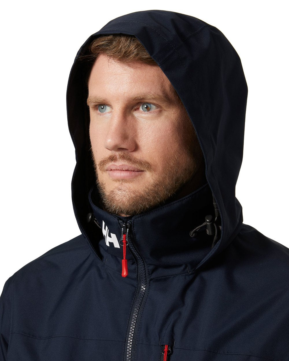Navy coloured Helly Hansen Mens Crew Hooded Jacket 2.0 on grey background 