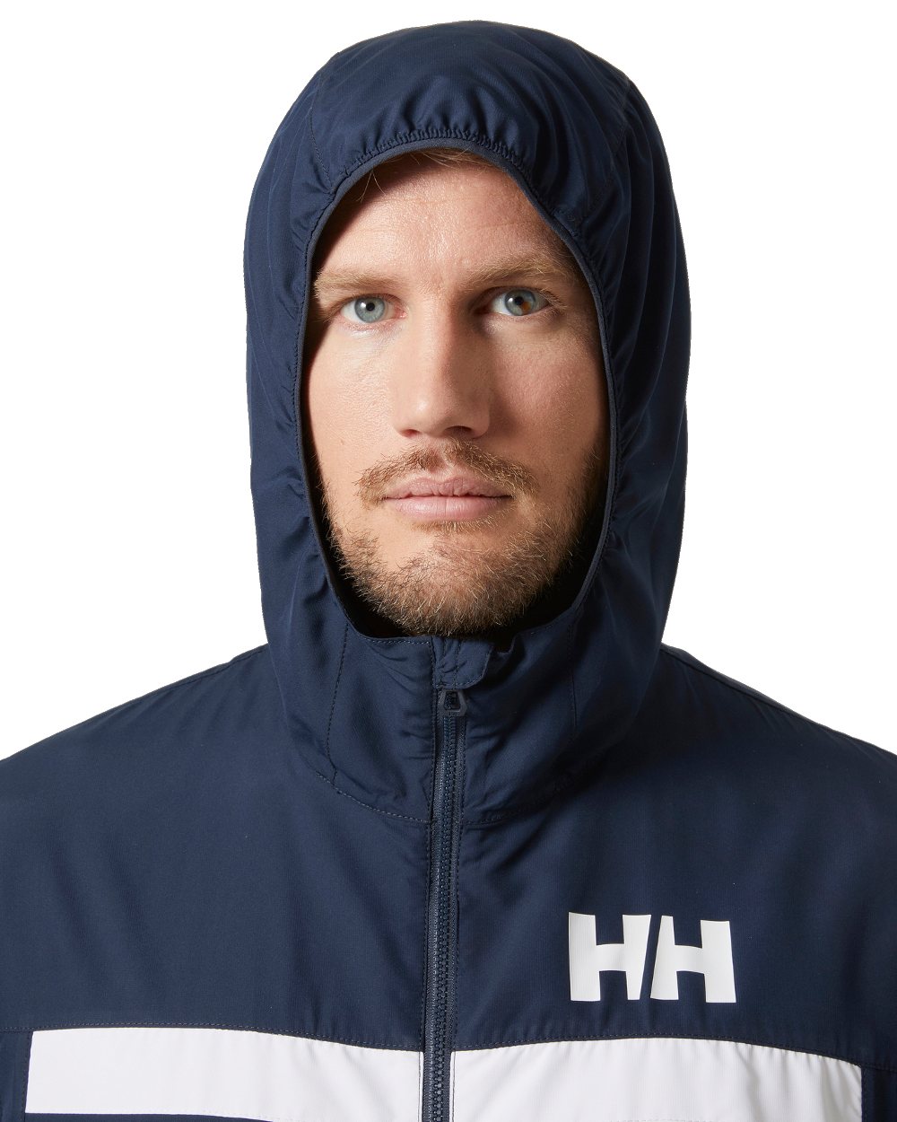 Navy coloured Helly Hansen Mens Salt Striped Windbreaker Jacket on white background 