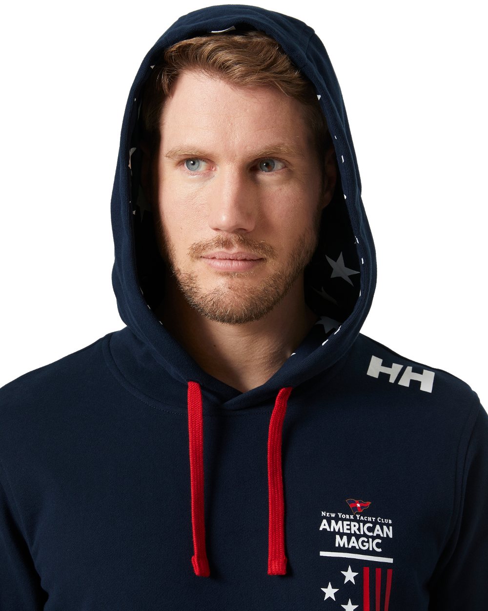 Navy coloured Helly Hansen American Magic Cotton Hoodie on white background 