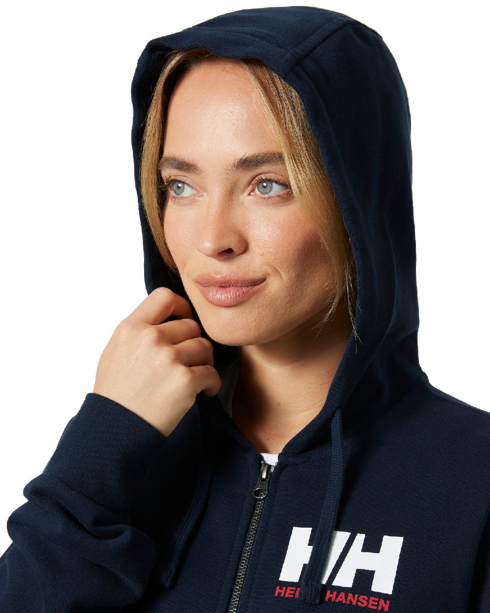 Navy Coloured Helly Hansen Womens HH Logo Full Zip Hoodie on a white background 