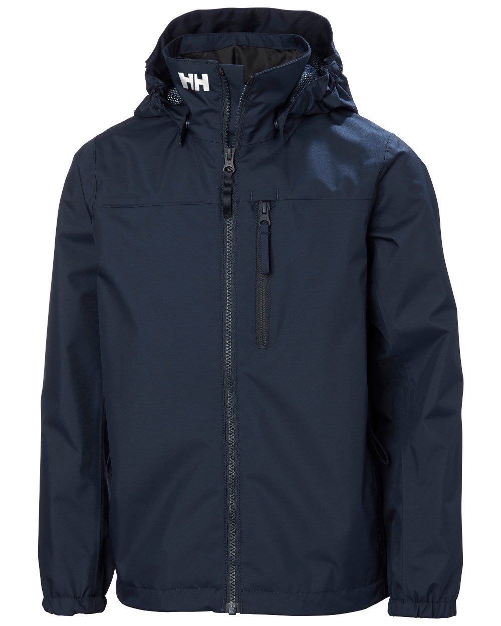 Navy Coloured Helly Hansen Childrens Crew Hooded Jacket On A White Background 