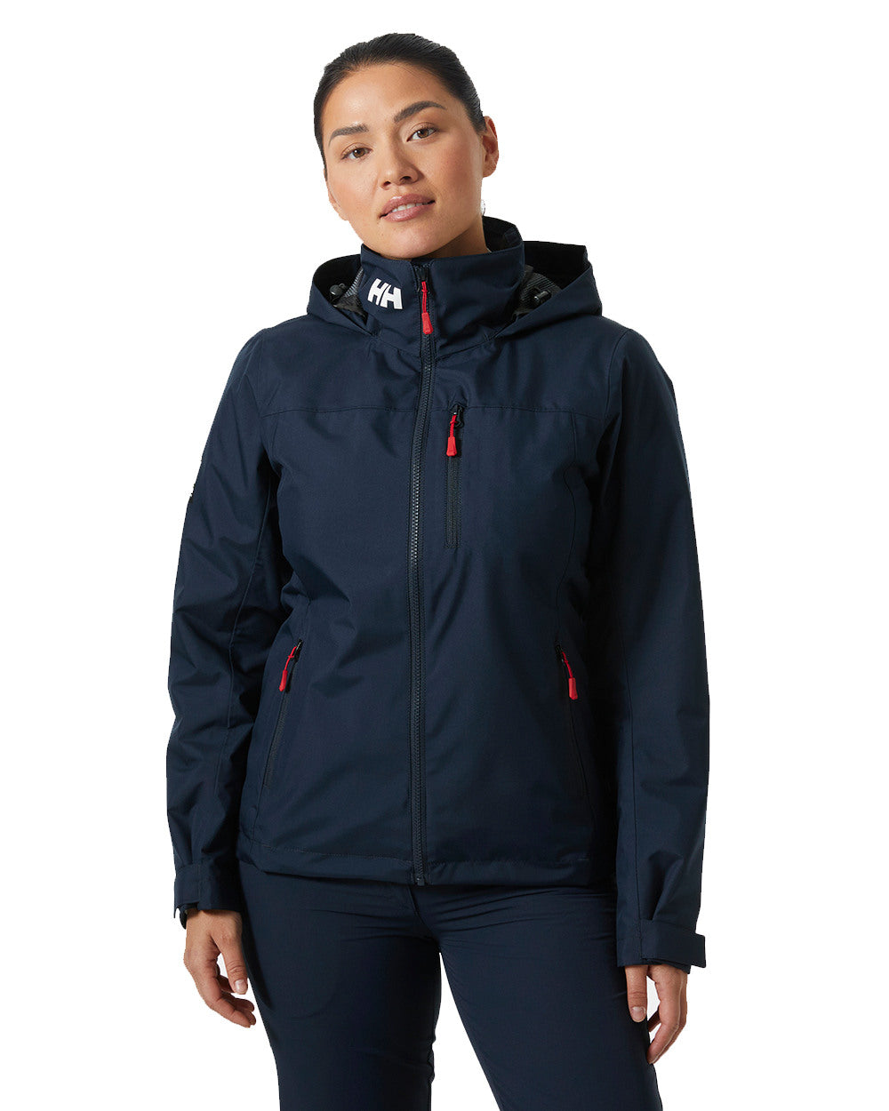 Navy Coloured Helly Hansen Womens Crew Hooded Midlayer Sailing Jacket 2.0 On A White Background 