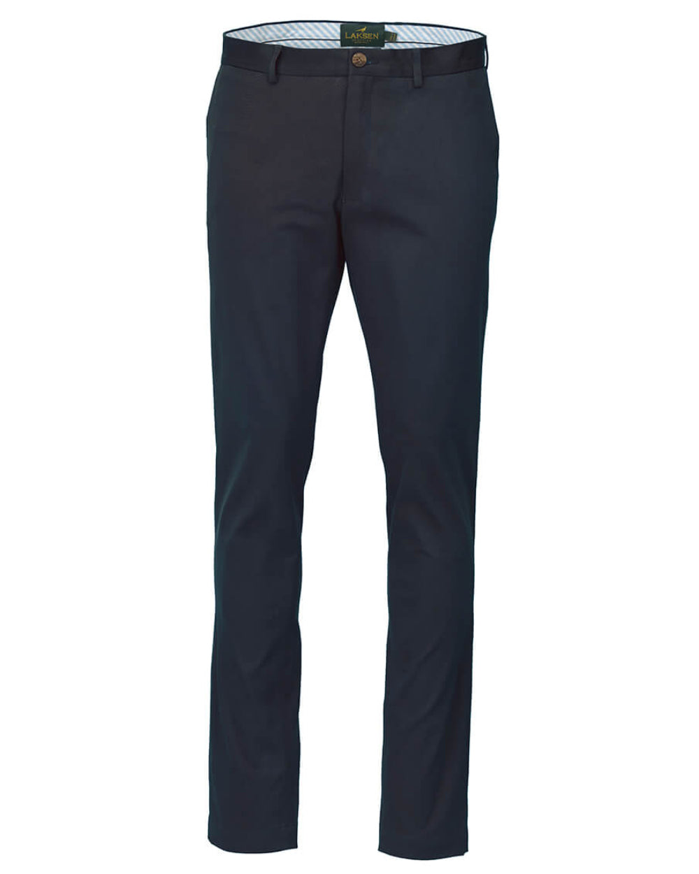 Navy Coloured Laksen Lumley Chino Trousers On A White Background 