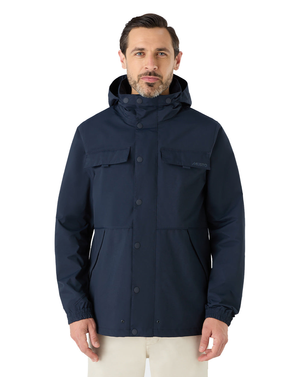 Navy Coloured Musto Mens Classic Shore Waterproof Jacket On A White Background 