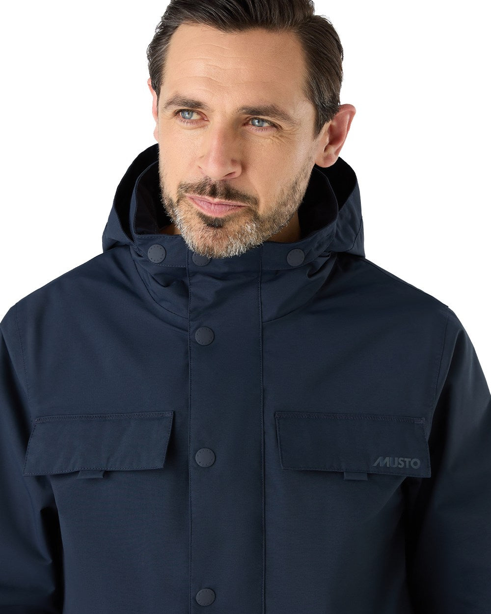 Navy Coloured Musto Mens Classic Shore Waterproof Jacket On A White Background 