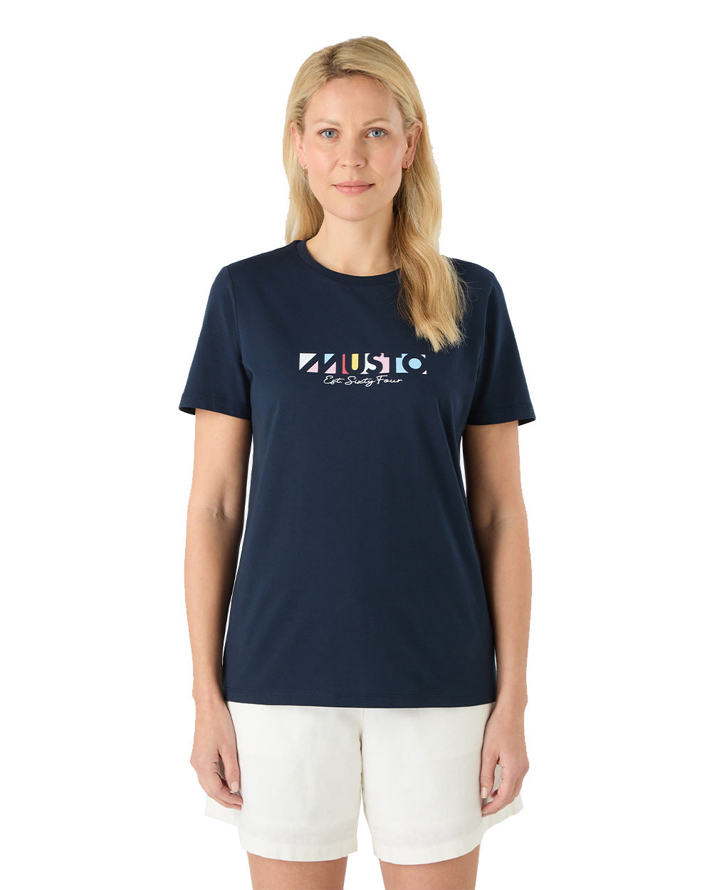 Navy Coloured Musto Womens 1964 Short Sleeve T-Shirt On A White Background 