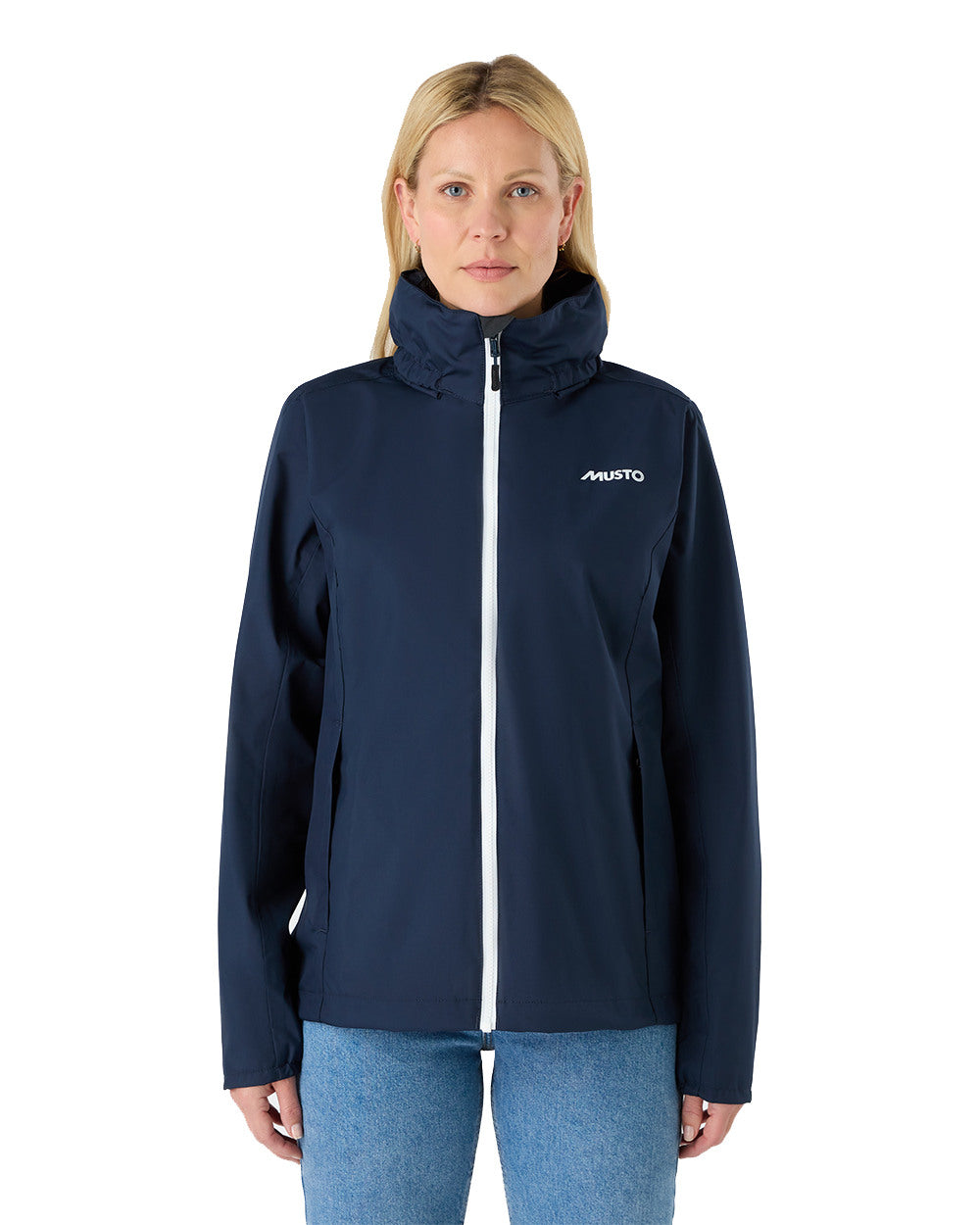 Navy Coloured Musto Womens Nautic Rain Jacket On A White Background 