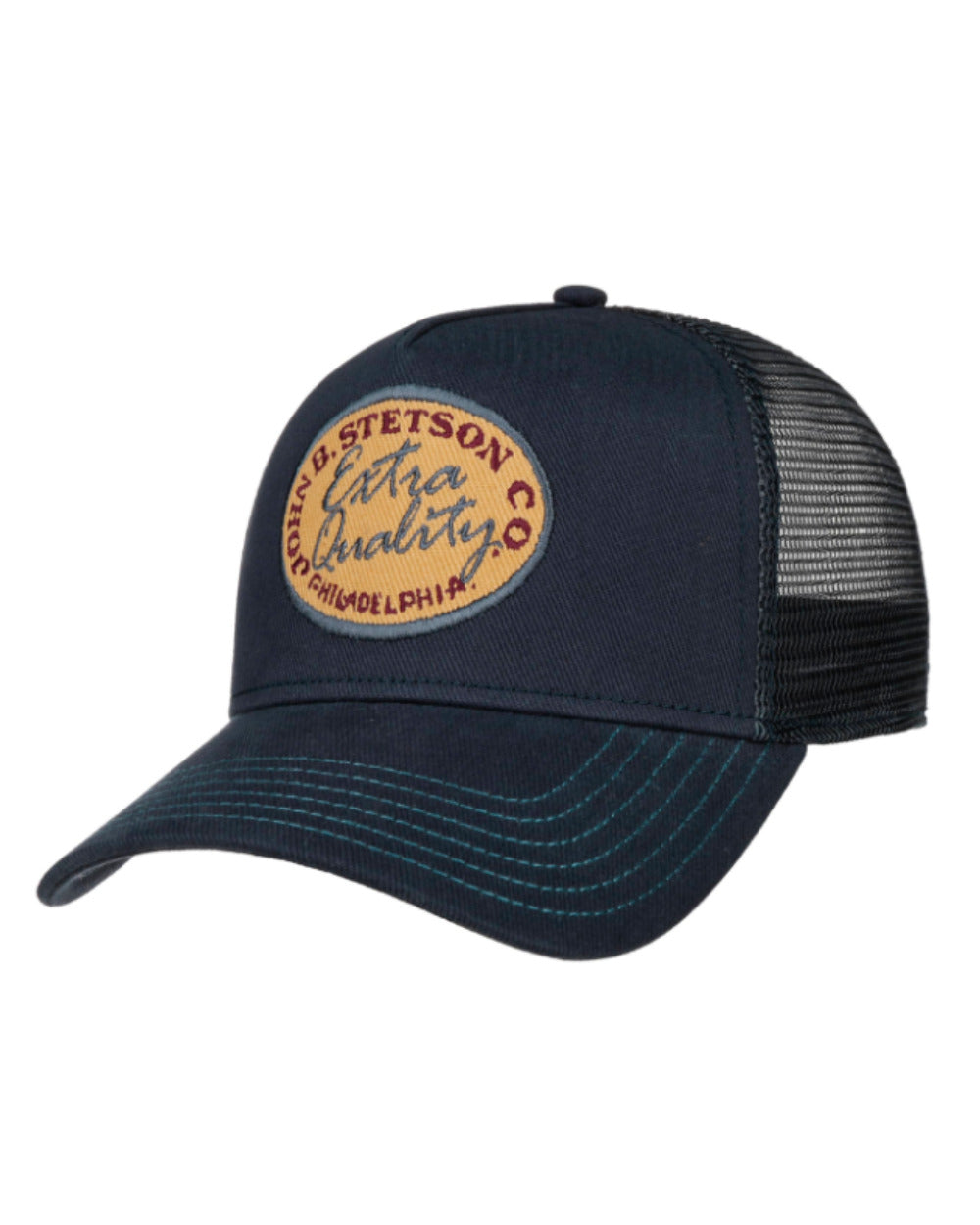 Navy coloured Stetson Vintage Brushed Twill Trucker Cap on White background 