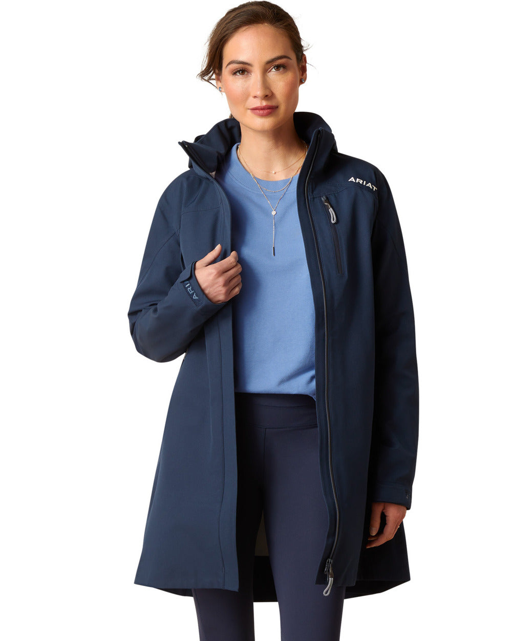 Navy Eclipse Coloured Ariat Womens Coastal Long Waterproof Parka On A White Background 