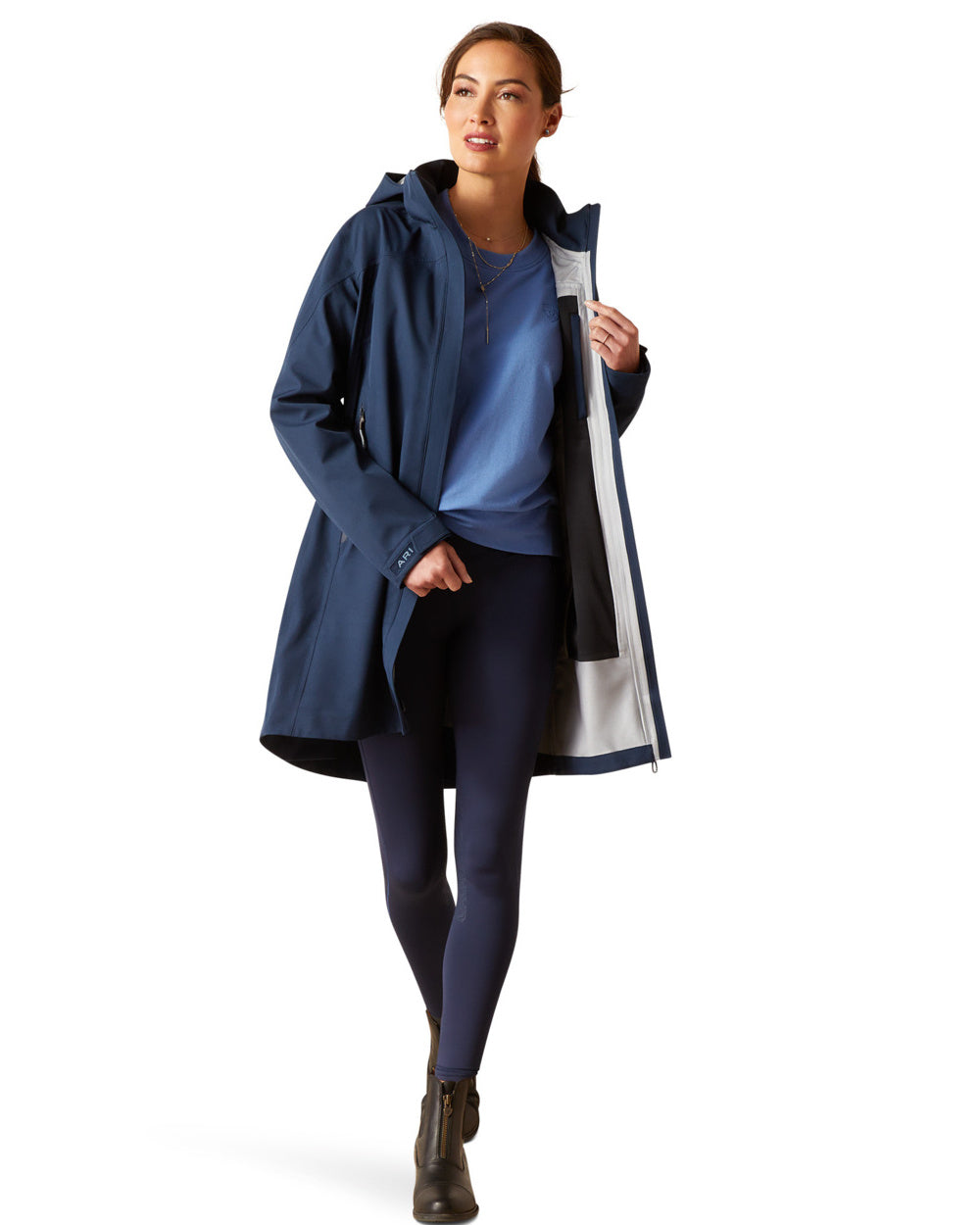 Navy Eclipse Coloured Ariat Womens Coastal Long Waterproof Parka On A White Background 