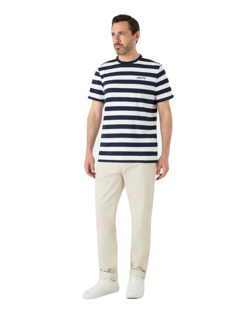 Navy/White Coloured Musto Mens Classic Striped Short Sleeve T-Shirt On A White Background 