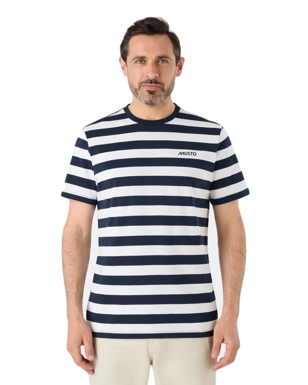 Navy/White Coloured Musto Mens Classic Striped Short Sleeve T-Shirt On A White Background 