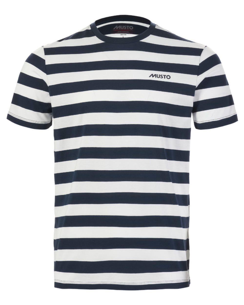 Navy/White Coloured Musto Mens Classic Striped Short Sleeve T-Shirt On A White Background 