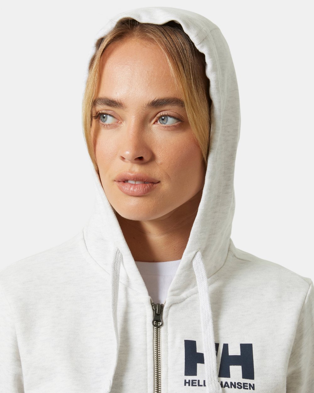 Nimbus Cloud Melange Coloured Helly Hansen Womens HH Logo Full Zip Hoodie on a grey background 