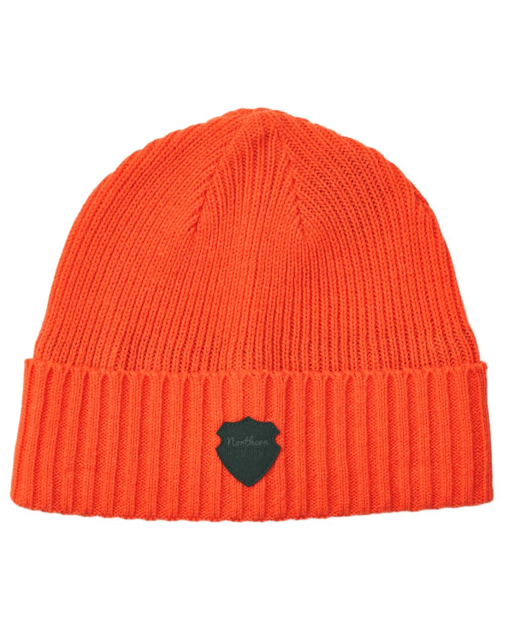 Orange coloured Northern Hunting Buk Windstop Beanie on white background 